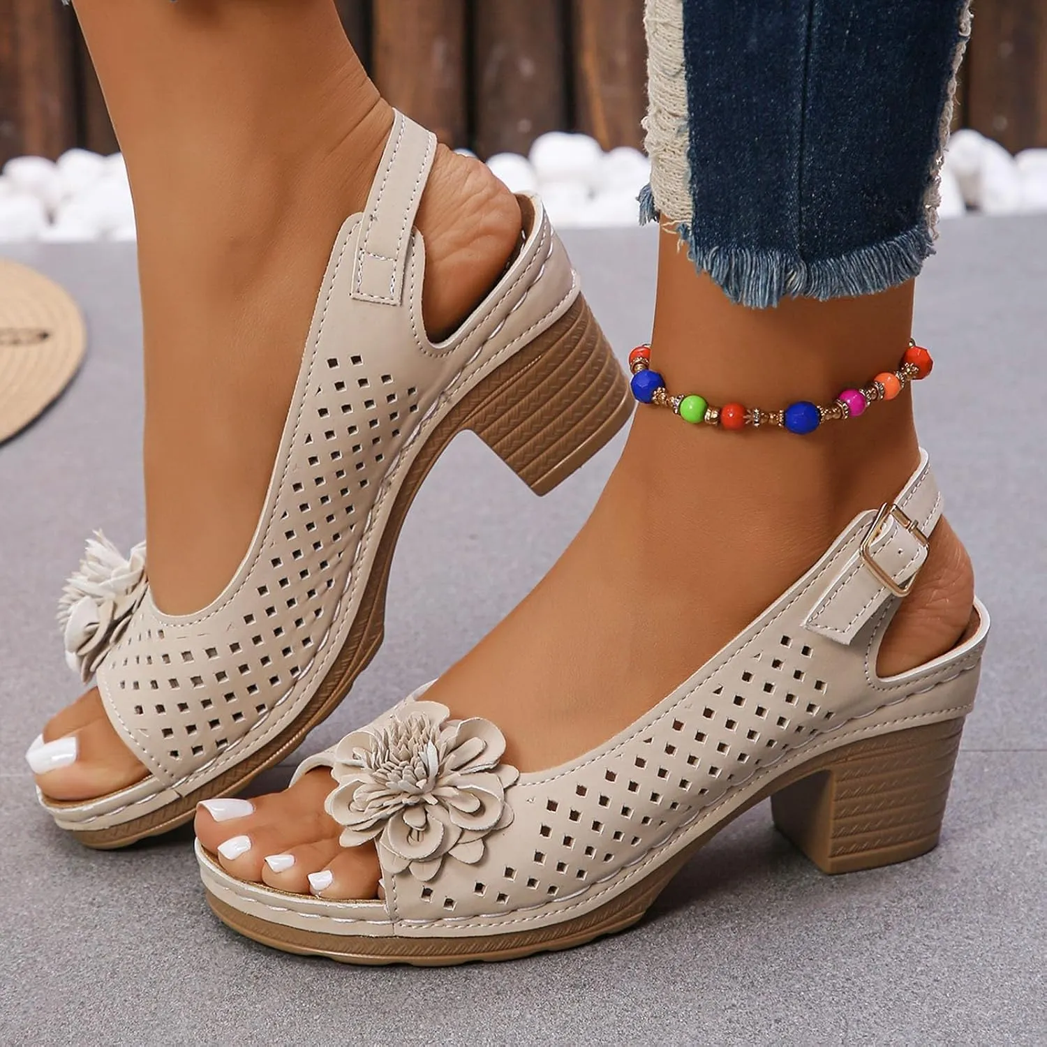 2025 Womens Open Toe Ankle Strap Chunky High Heels Foral Sandals, Casual Hollow Out Floral Shoe Lightweight Platform Wedge Sandal Summer Fashion Sandal