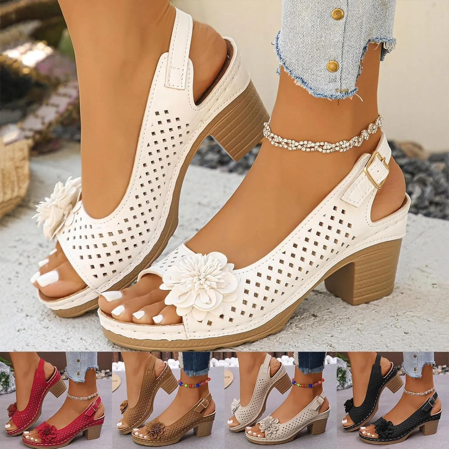 2025 Womens Open Toe Ankle Strap Chunky High Heels Foral Sandals, Casual Hollow Out Floral Shoe Lightweight Platform Wedge Sandal Summer Fashion Sandal
