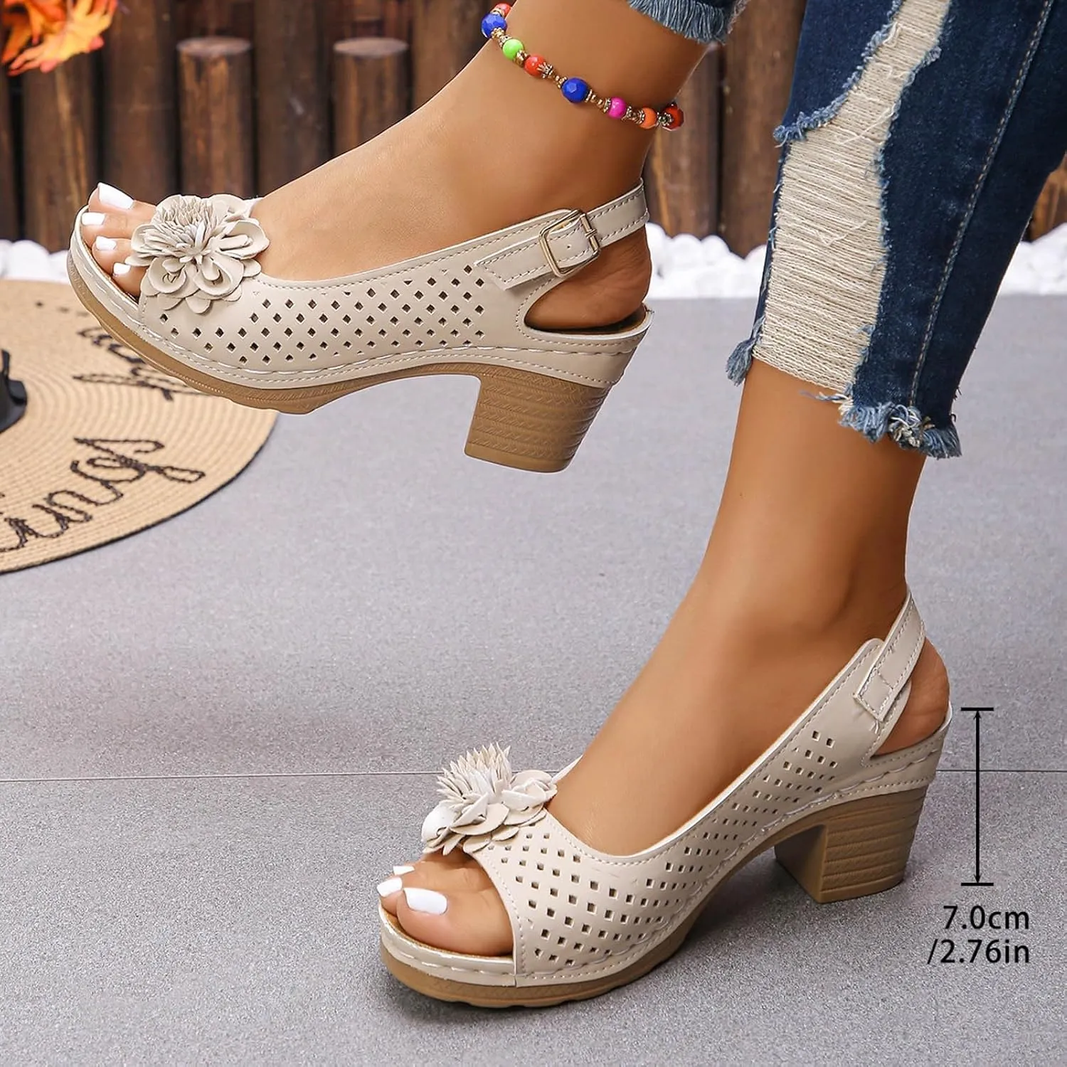 2025 Womens Open Toe Ankle Strap Chunky High Heels Foral Sandals, Casual Hollow Out Floral Shoe Lightweight Platform Wedge Sandal Summer Fashion Sandal
