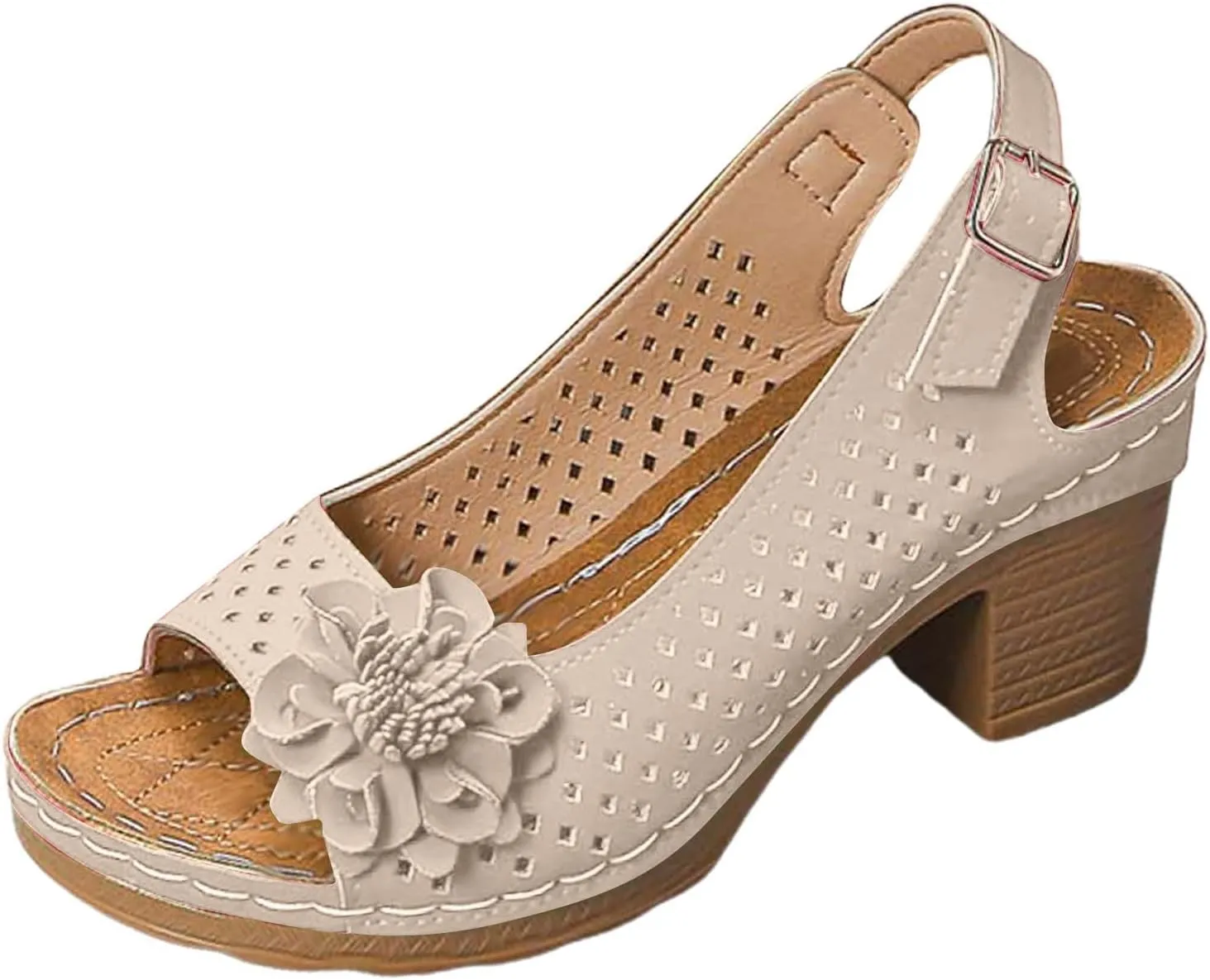 2025 Womens Open Toe Ankle Strap Chunky High Heels Foral Sandals, Casual Hollow Out Floral Shoe Lightweight Platform Wedge Sandal Summer Fashion Sandal