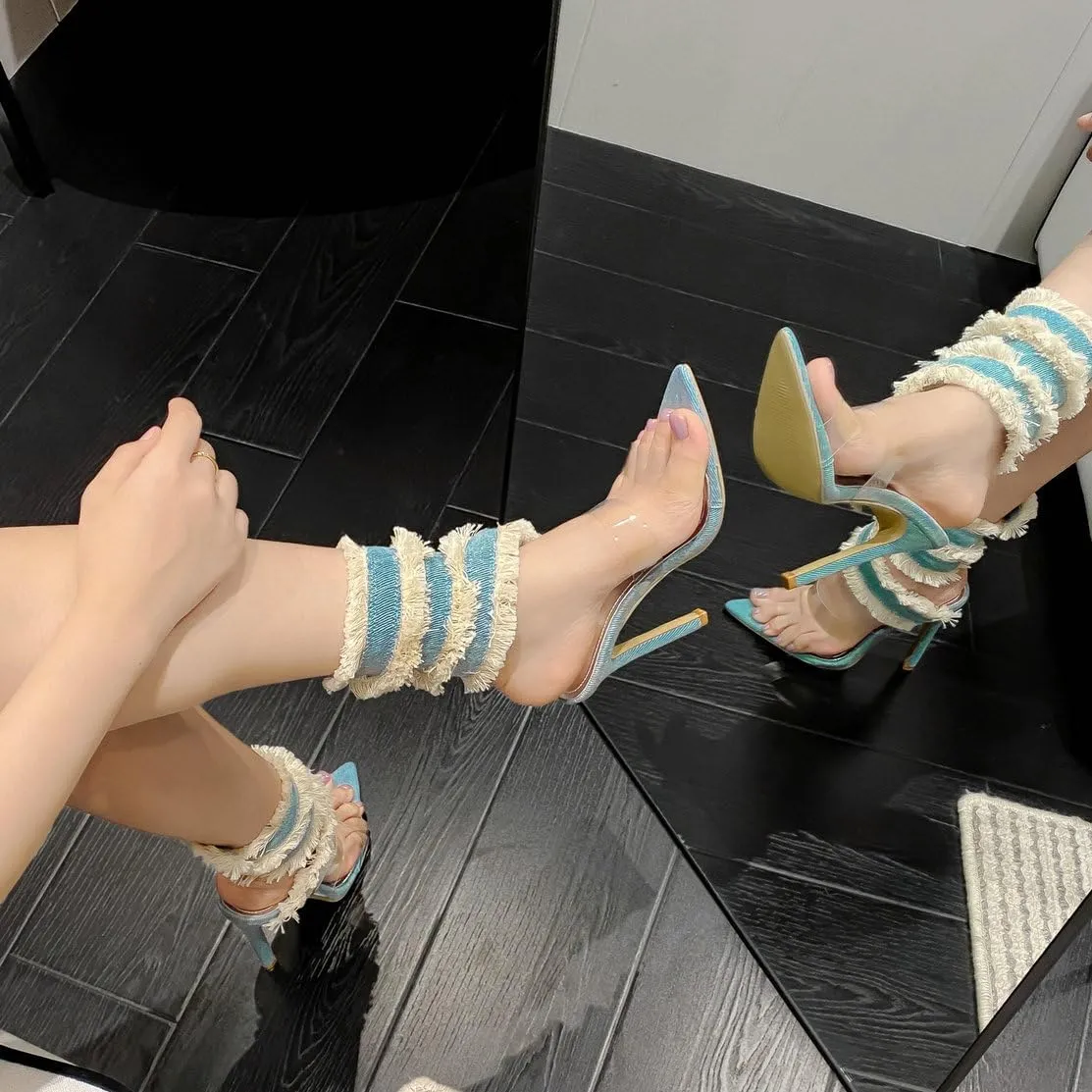 Caradise Denim Wrap Around Heels Clear Stiletto Cute Heels Pointed Open Toe Sandals