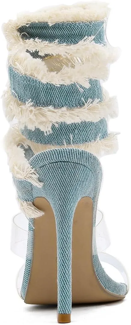 Caradise Denim Wrap Around Heels Clear Stiletto Cute Heels Pointed Open Toe Sandals