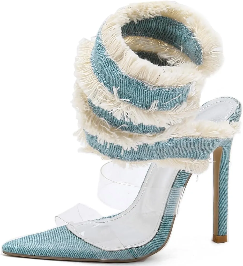 Caradise Denim Wrap Around Heels Clear Stiletto Cute Heels Pointed Open Toe Sandals