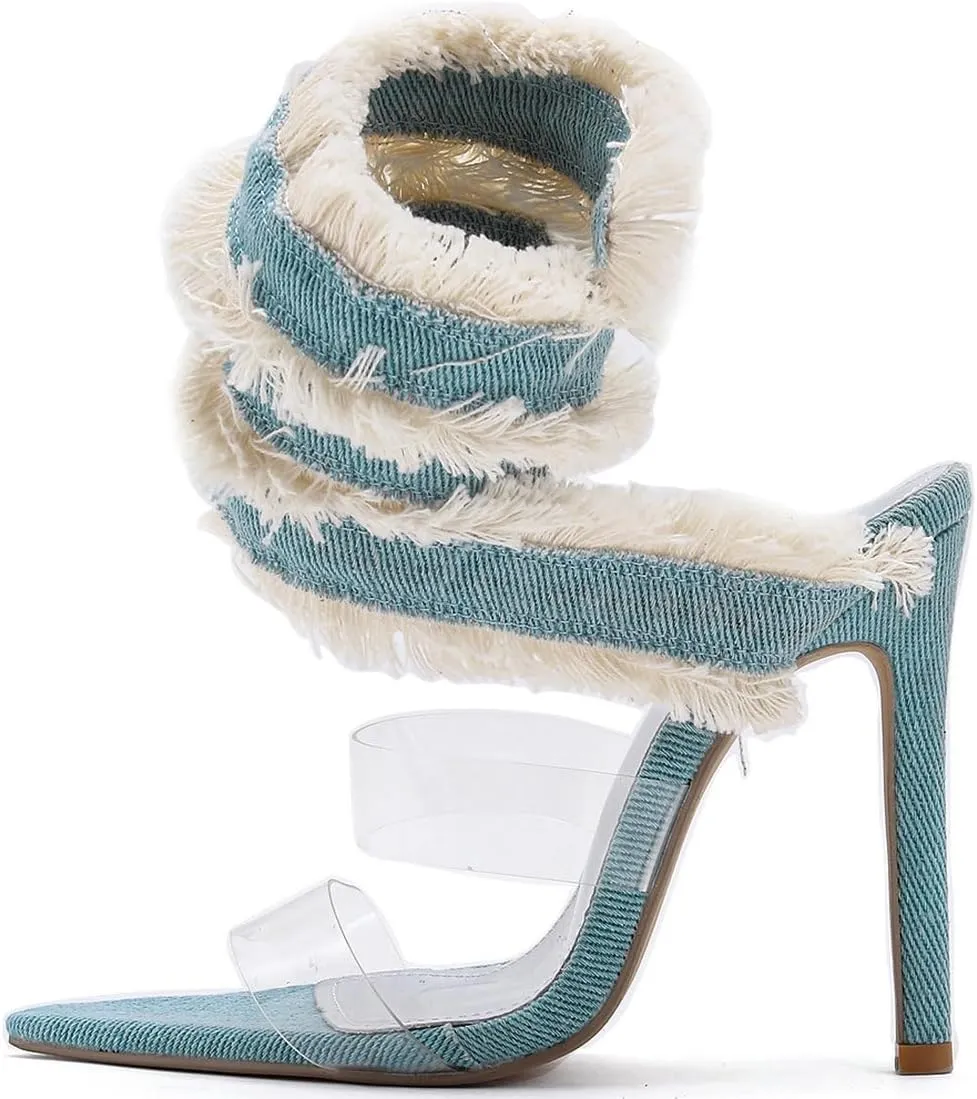 Caradise Denim Wrap Around Heels Clear Stiletto Cute Heels Pointed Open Toe Sandals