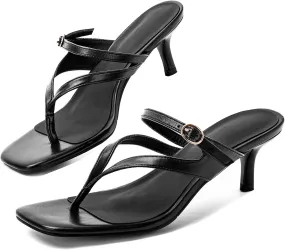 CouieCuies Women Kitten Heels Sandals Square Open Toe Flip Flop Heels Black thong Low heels Widths Adjustable