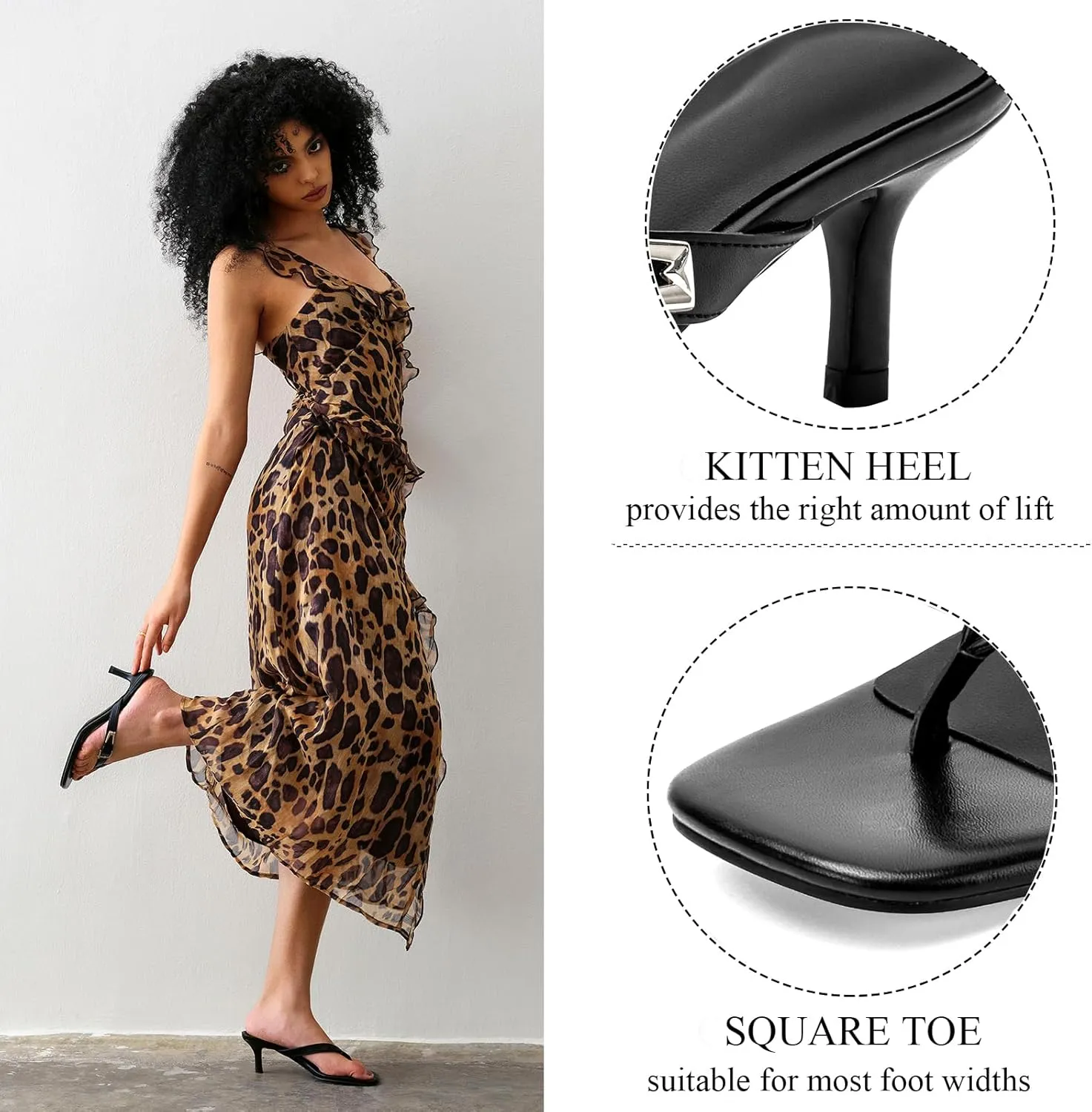 CouieCuies Women Kitten Heels Sandals Square Open Toe Flip Flop Heels Black thong Low heels Widths Adjustable
