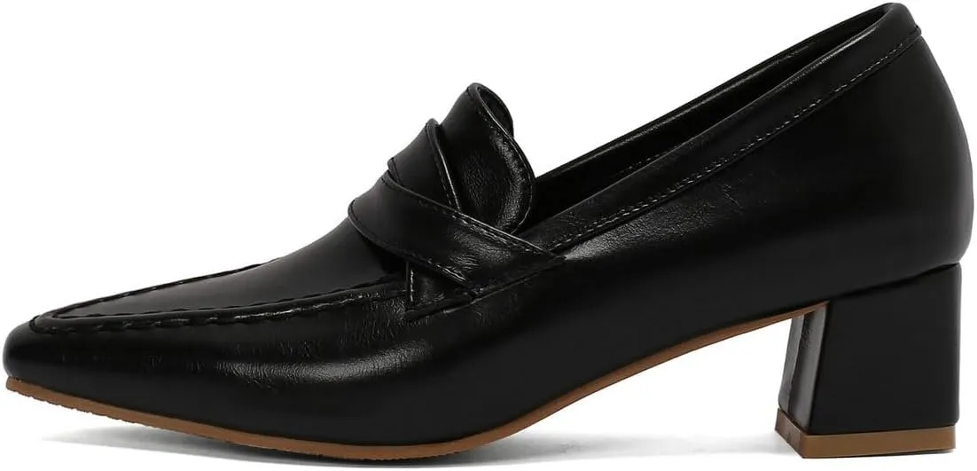 DINTAHA Pointed Toe Chunky Heeled Loafers for Women Slip-On Pumps Dressy Business Casual Dress Shoes