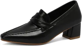 DINTAHA Pointed Toe Chunky Heeled Loafers for Women Slip-On Pumps Dressy Business Casual Dress Shoes