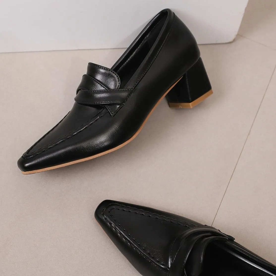 DINTAHA Pointed Toe Chunky Heeled Loafers for Women Slip-On Pumps Dressy Business Casual Dress Shoes