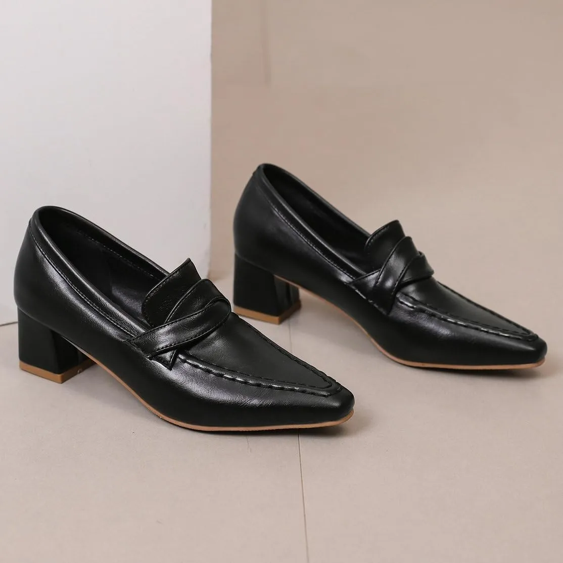 DINTAHA Pointed Toe Chunky Heeled Loafers for Women Slip-On Pumps Dressy Business Casual Dress Shoes