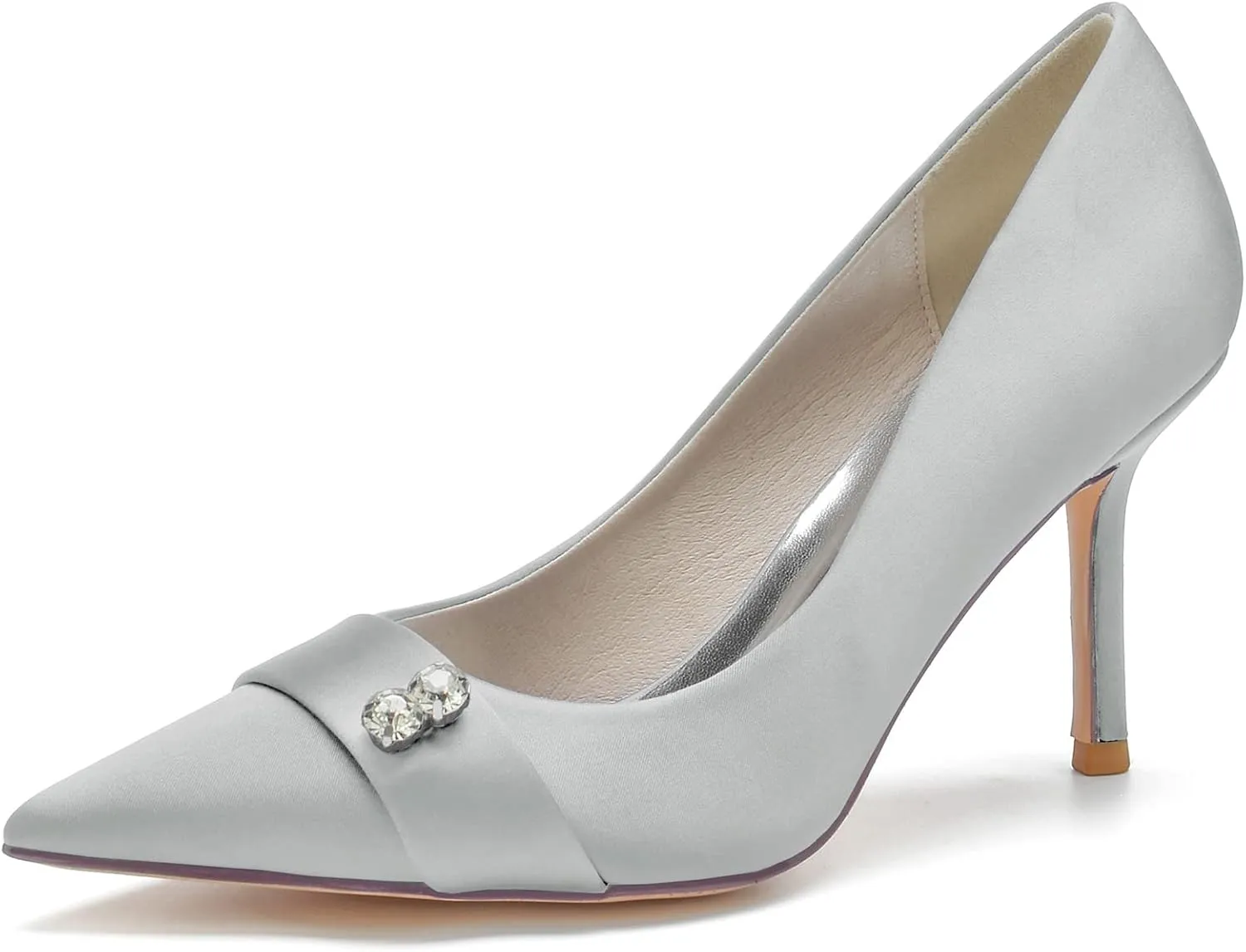 FufoneUS Women's Bridal Shoes Closed Toe 3.35" Stiletto Heel Lace Satin Pumps Evening Wedding Heels,Silver,11