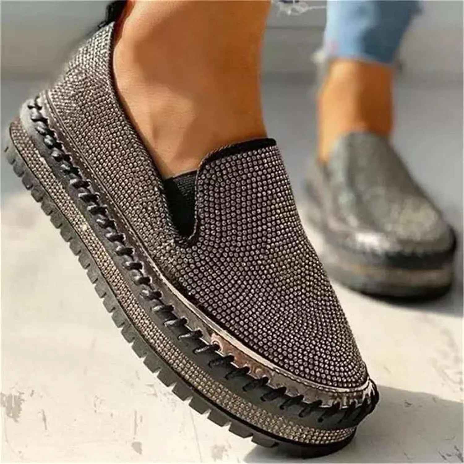 Ladmiple Sneakers For Women Walking Shoes Wide Width Slip on Glitter Shoes Fashion Dressy Summer Sparkly Flats Loafers