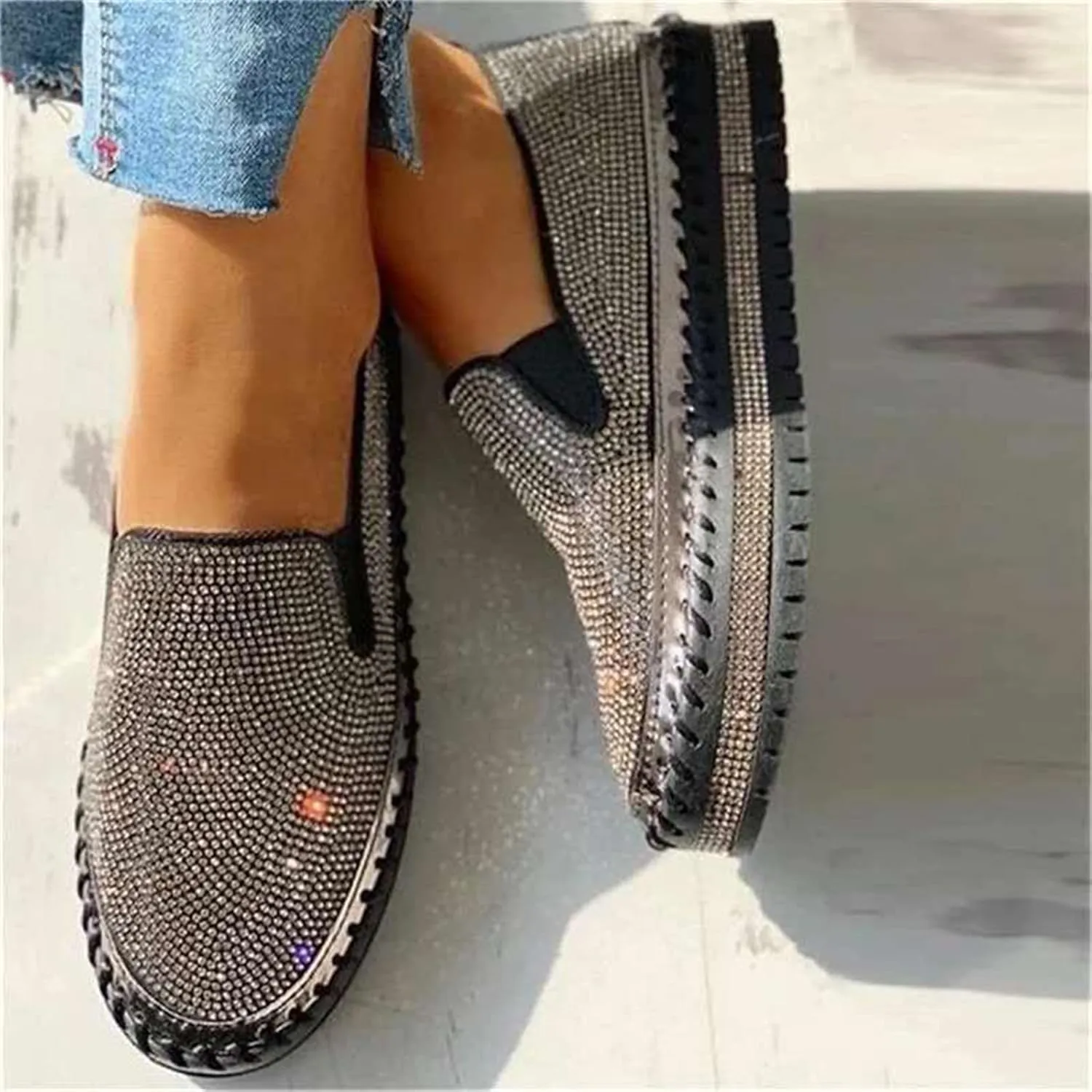 Ladmiple Sneakers For Women Walking Shoes Wide Width Slip on Glitter Shoes Fashion Dressy Summer Sparkly Flats Loafers
