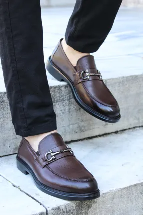 Men's Brown Leather Buckle Loafers-Wessi