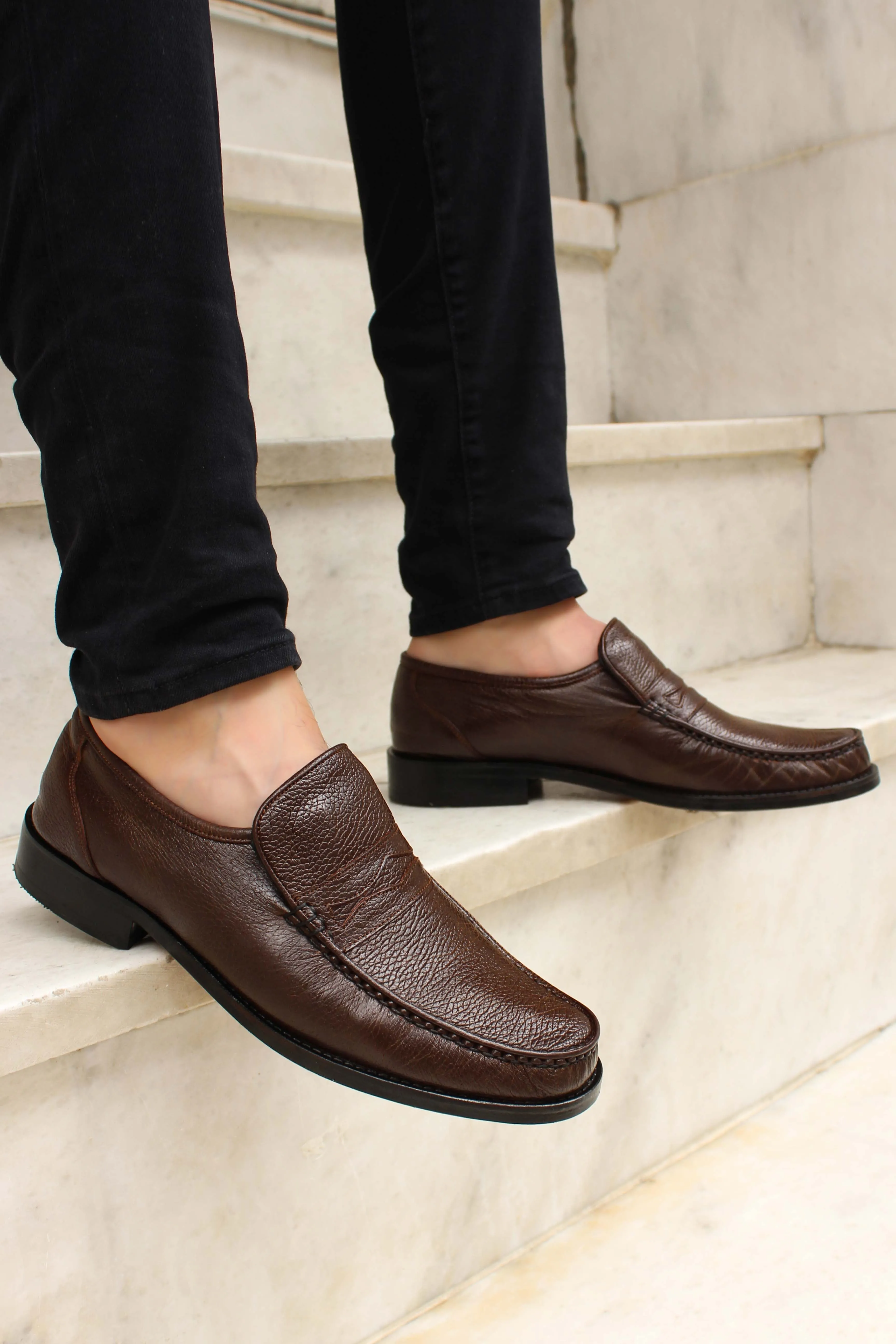 Men's Brown Leather Penny Loafers with Textured Finish - Wessi