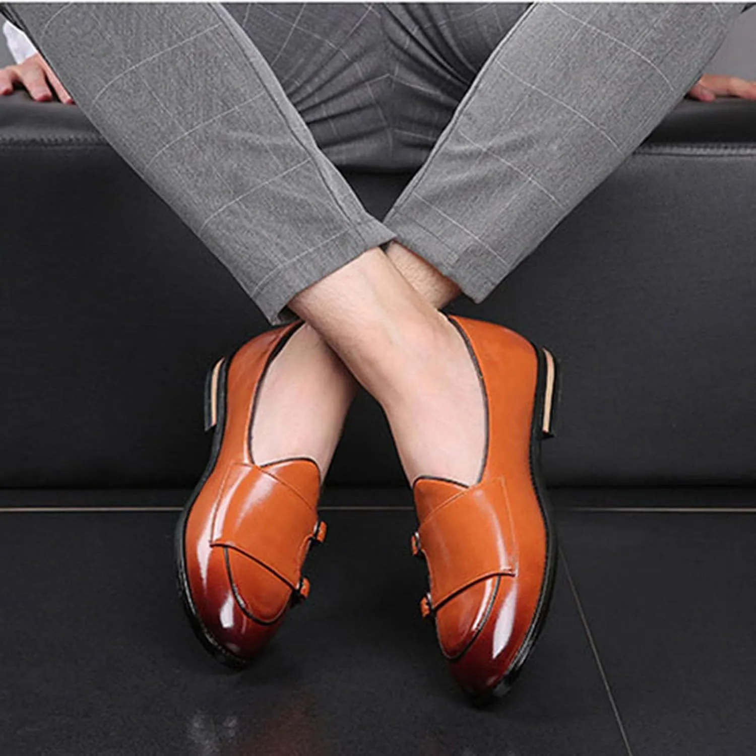 Mens Loafers Double Monk Strap Slip-On Patent Leather Shoes for Men Men's PU Leather Shoes Casual