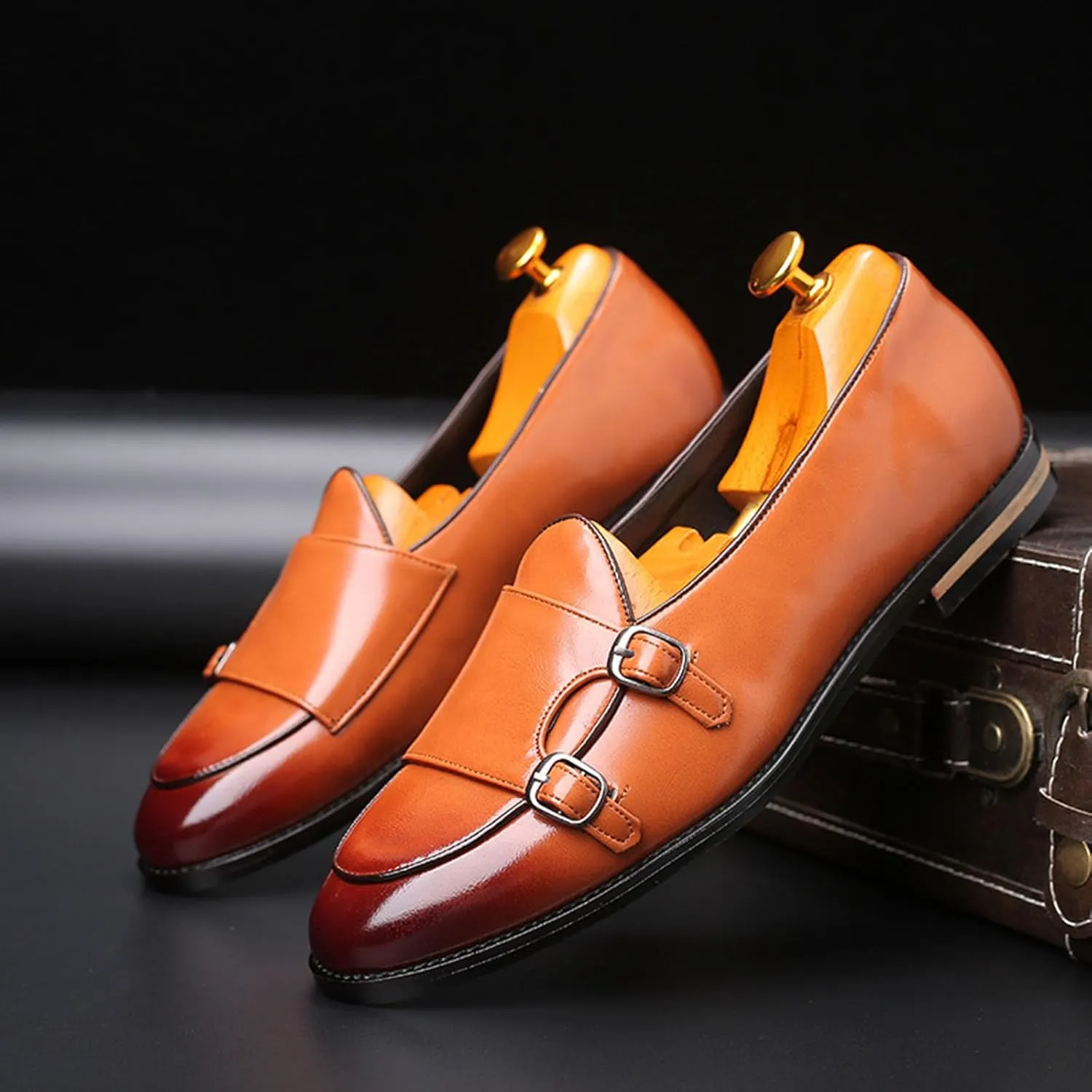Mens Loafers Double Monk Strap Slip-On Patent Leather Shoes for Men Men's PU Leather Shoes Casual