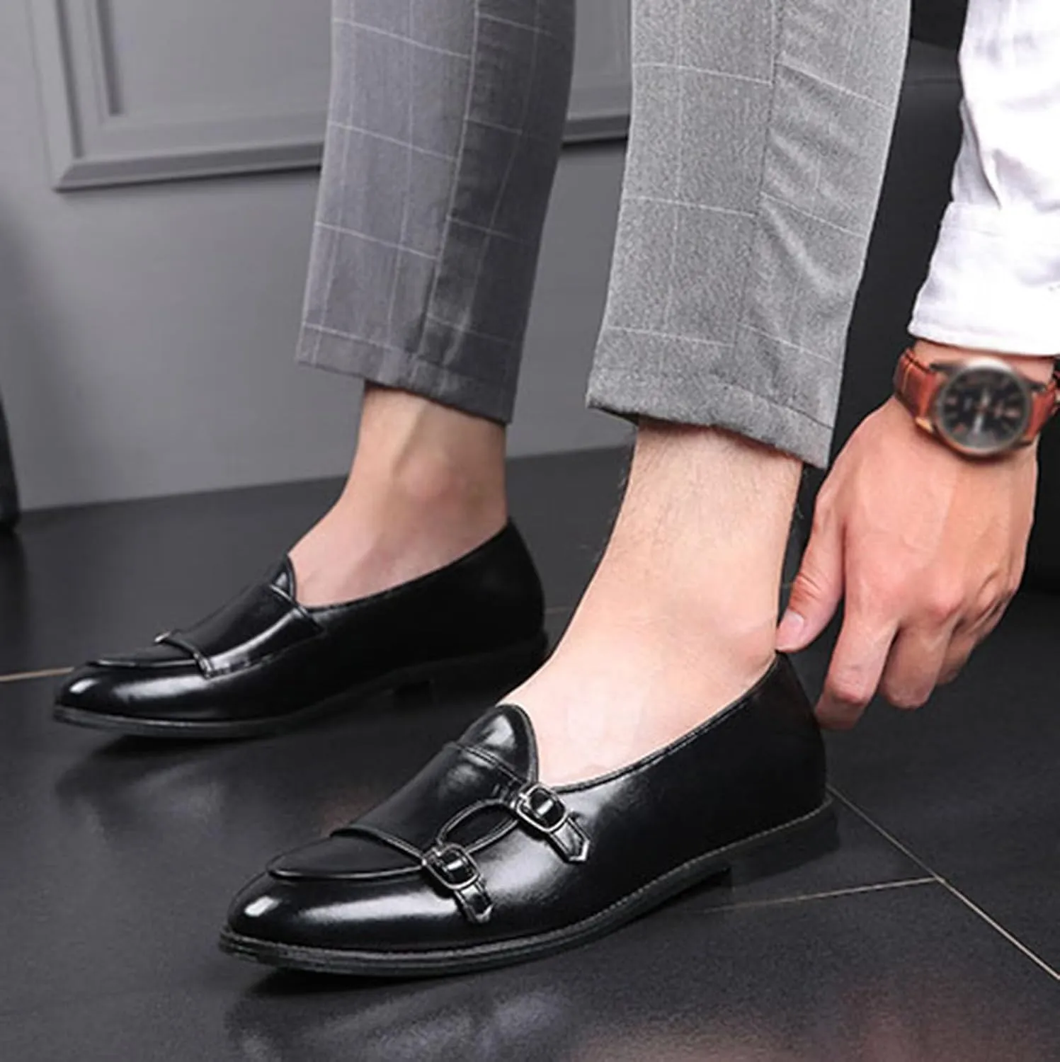 Mens Loafers Double Monk Strap Slip-On Patent Leather Shoes for Men Men's PU Leather Shoes Casual