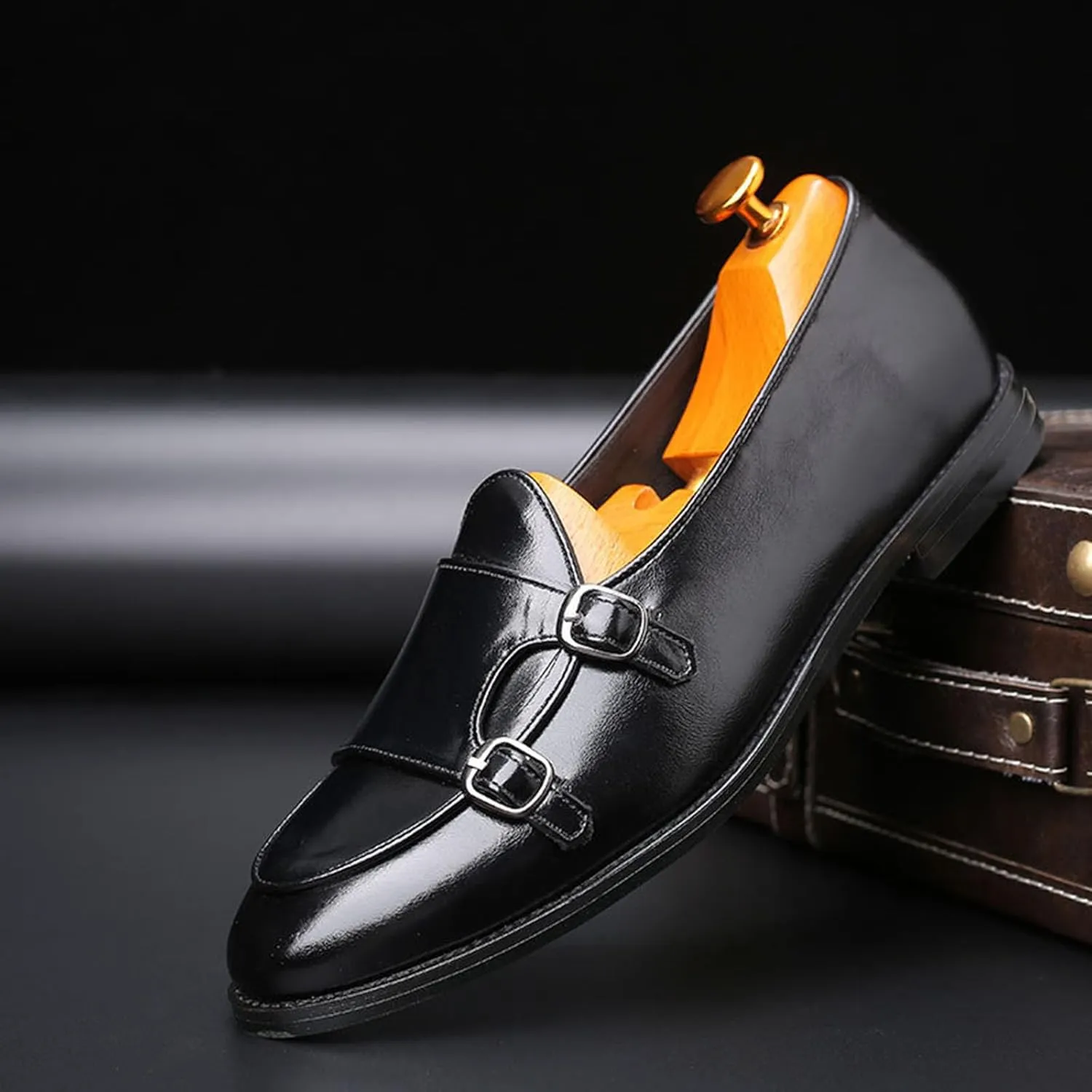 Mens Loafers Double Monk Strap Slip-On Patent Leather Shoes for Men Men's PU Leather Shoes Casual
