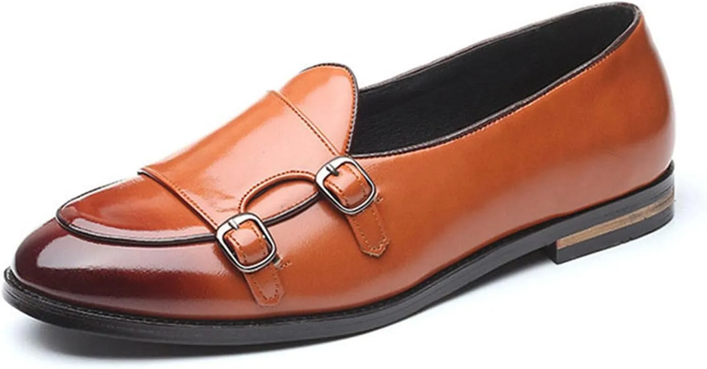 Mens Loafers Double Monk Strap Slip-On Patent Leather Shoes for Men Men's PU Leather Shoes Casual