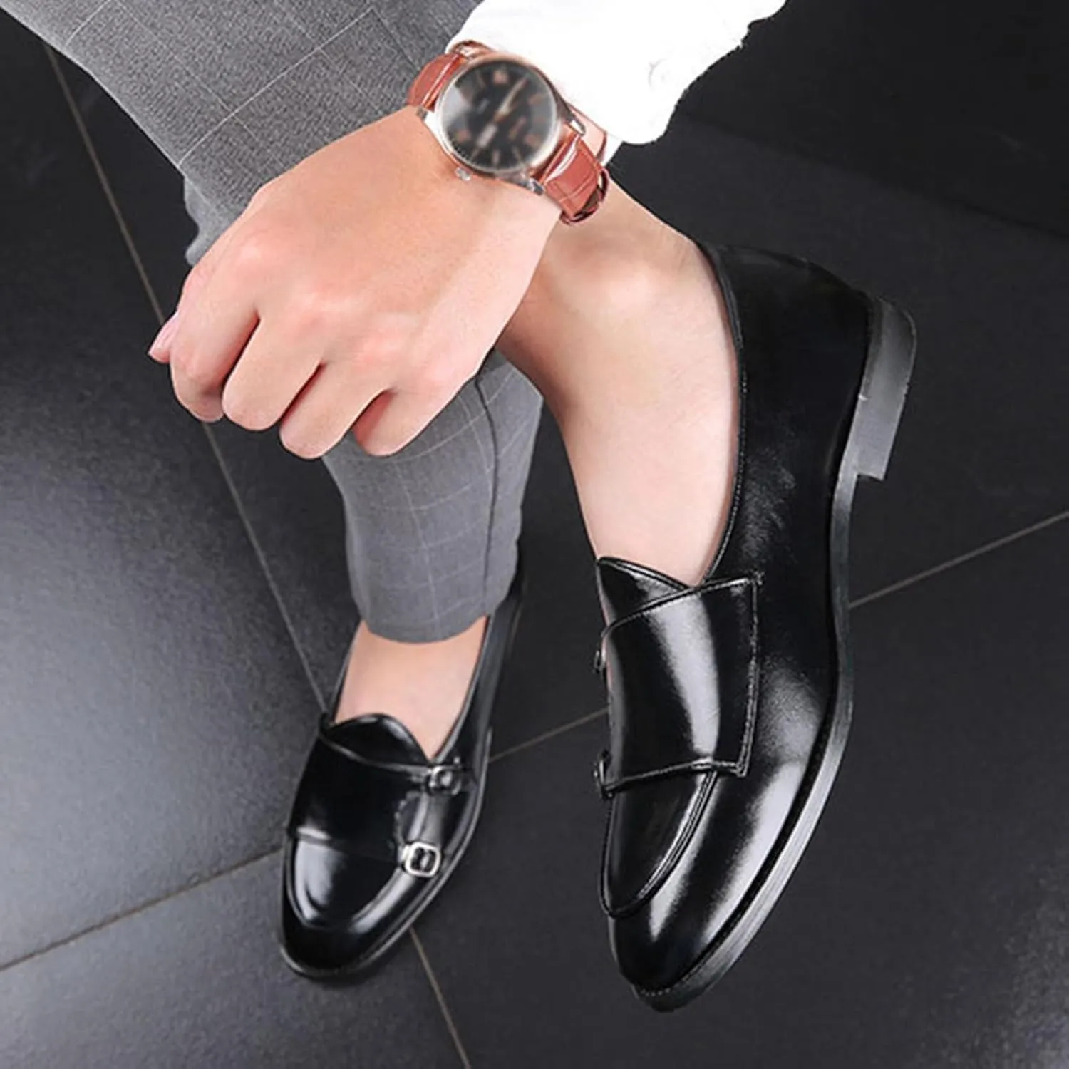 Mens Loafers Double Monk Strap Slip-On Patent Leather Shoes for Men Men's PU Leather Shoes Casual