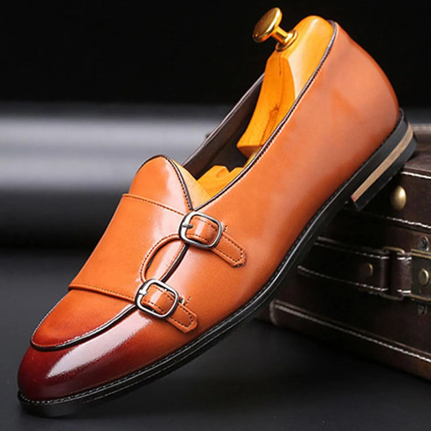 Mens Loafers Double Monk Strap Slip-On Patent Leather Shoes for Men Men's PU Leather Shoes Casual