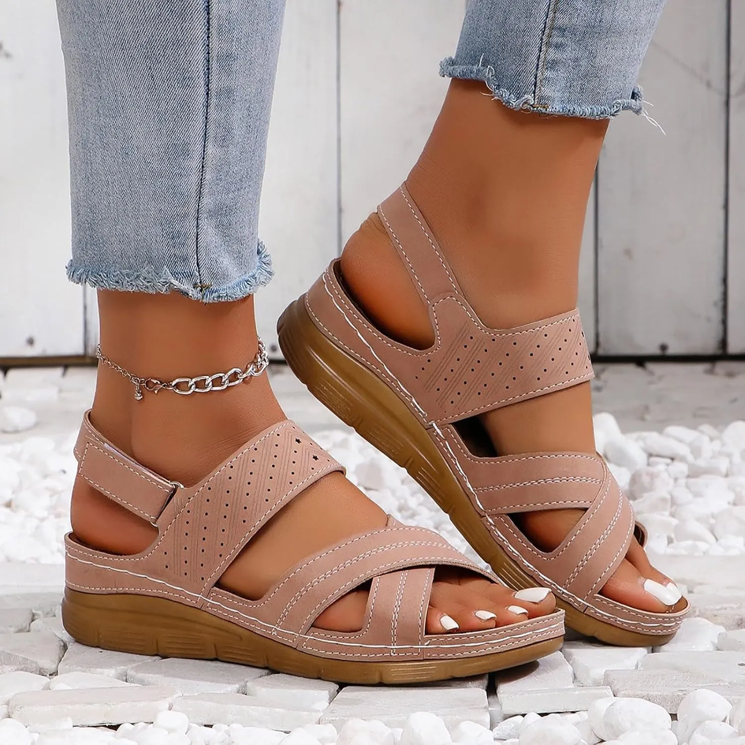 Orthopedic Sandals for Women Plantar Fasciitis Hook and Loop Flat Sandals Summer Outdoor Arch Support Massage Sandals