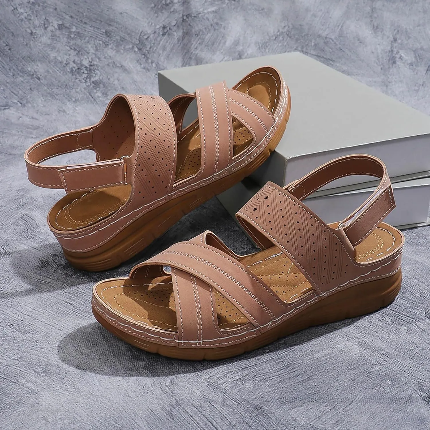 Orthopedic Sandals for Women Plantar Fasciitis Hook and Loop Flat Sandals Summer Outdoor Arch Support Massage Sandals