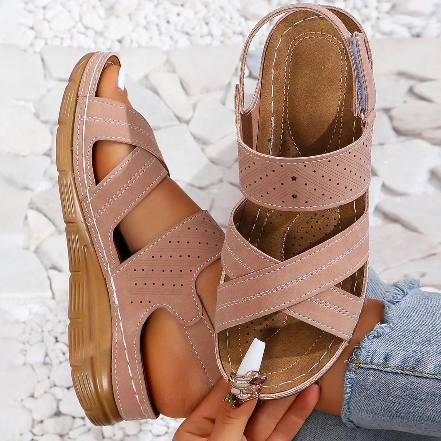 Orthopedic Sandals for Women Plantar Fasciitis Hook and Loop Flat Sandals Summer Outdoor Arch Support Massage Sandals