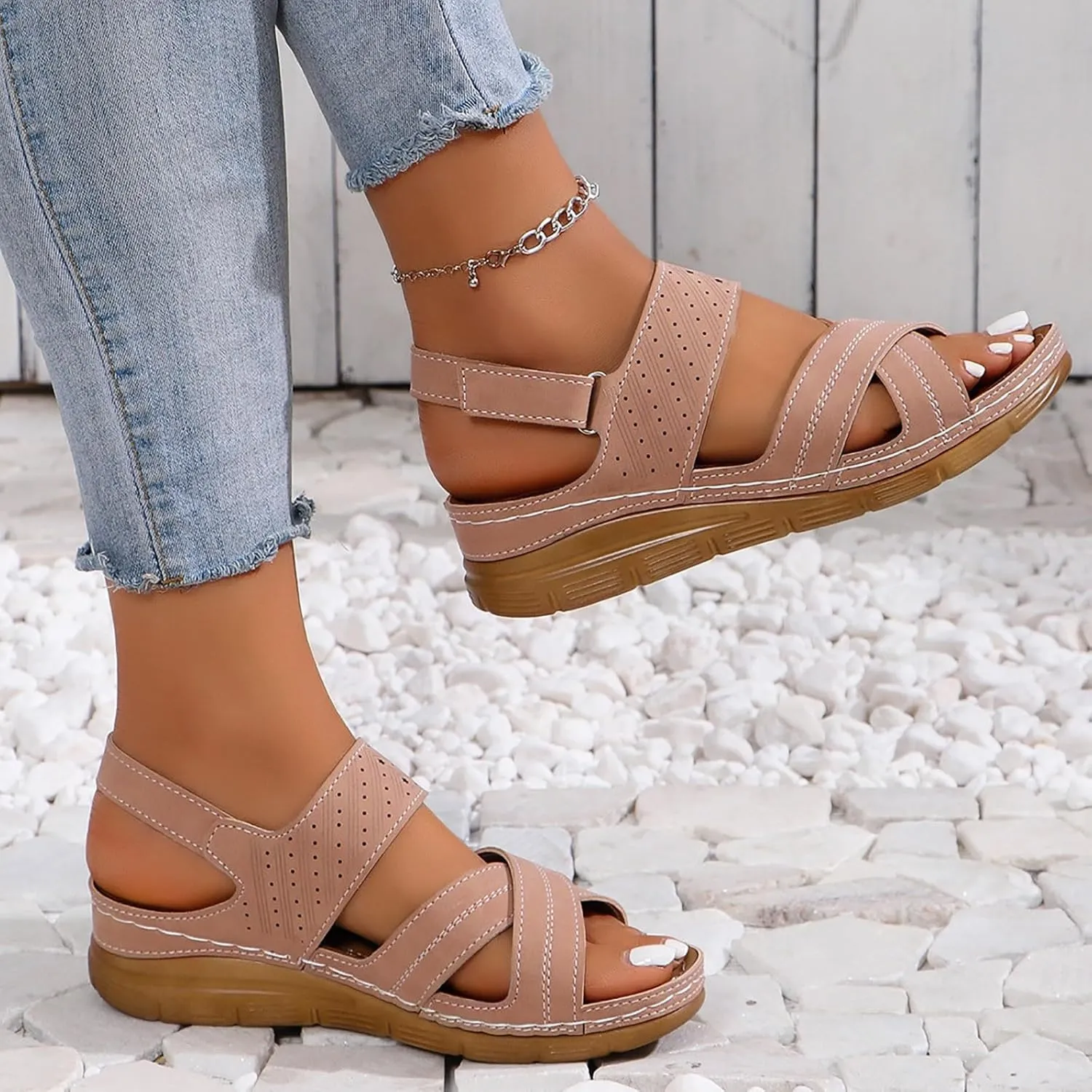 Orthopedic Sandals for Women Plantar Fasciitis Hook and Loop Flat Sandals Summer Outdoor Arch Support Massage Sandals