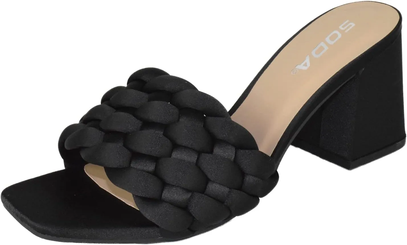 Soda Shoes Women Block High Heel Sandals Braided Band Square Toe Satin Shauna-S