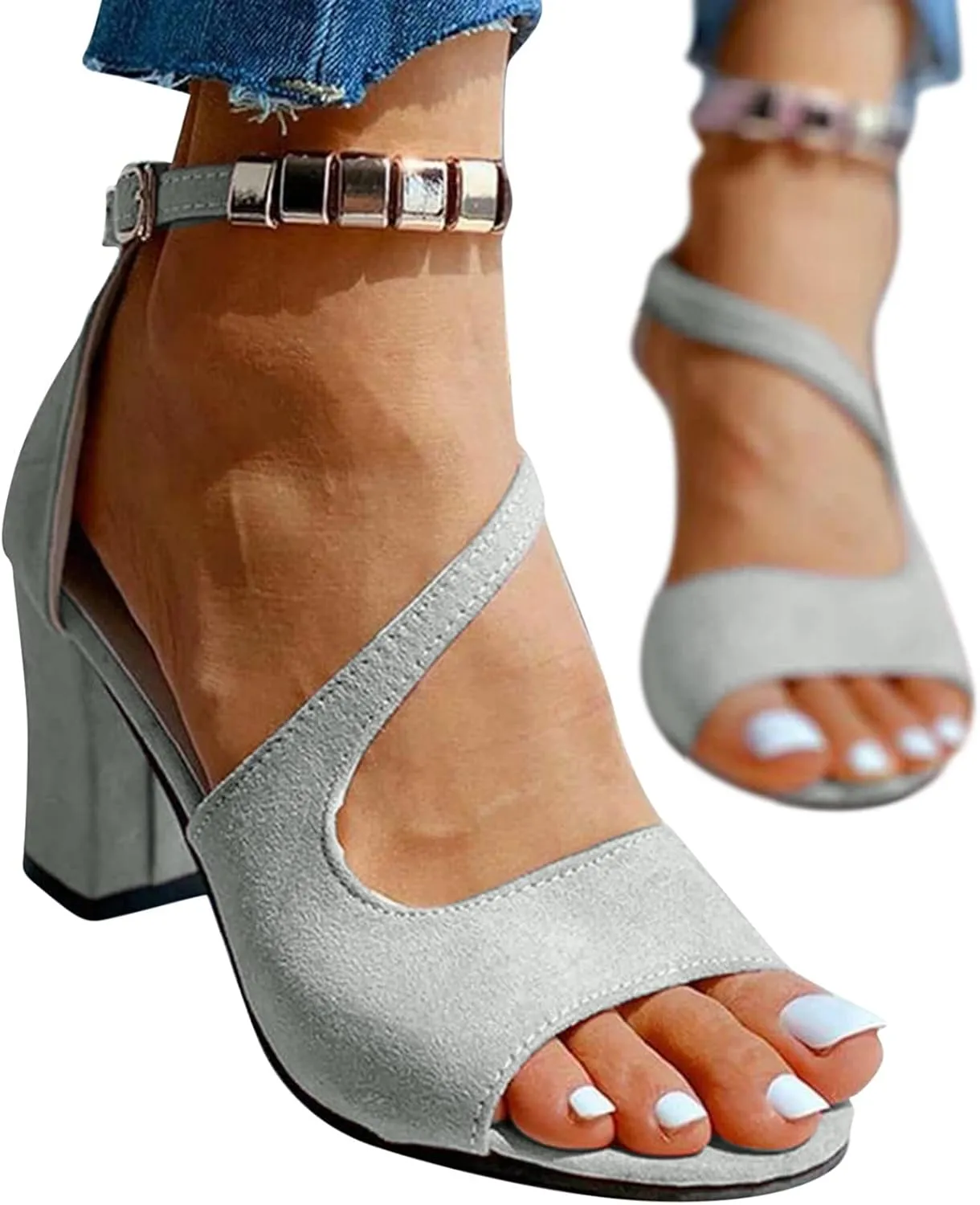 Women Square Toe Sandals Open Toe Strappy Heels Chunky Block Heel Ankle Strap Party Shoes