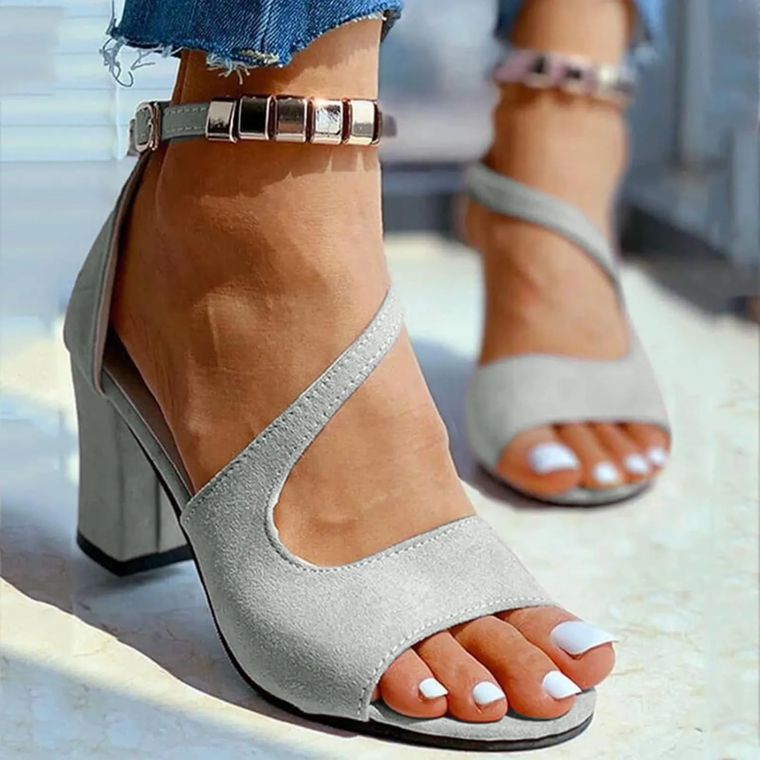 Women Square Toe Sandals Open Toe Strappy Heels Chunky Block Heel Ankle Strap Party Shoes
