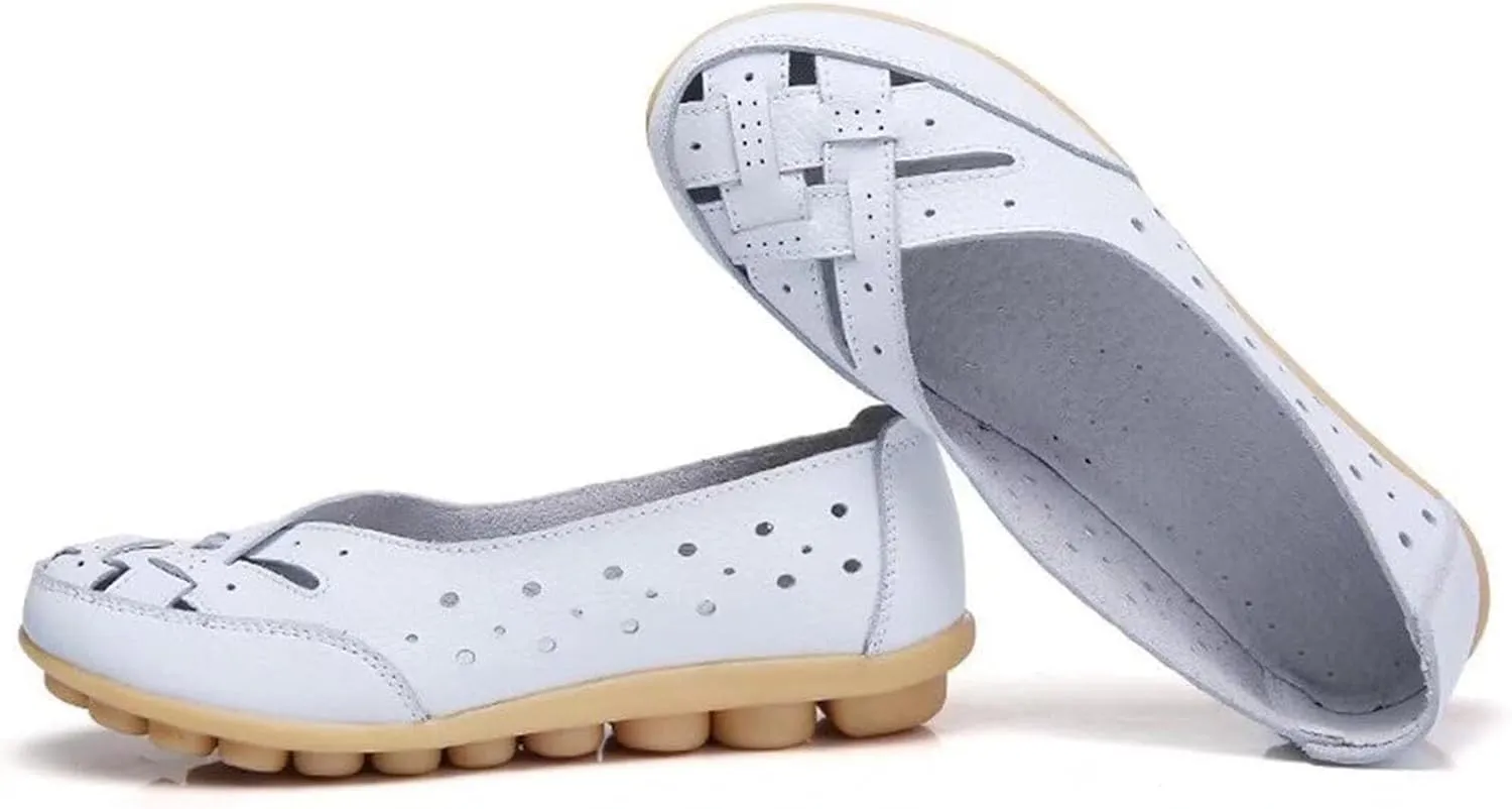 Womens Orthopedic Loafers in Breathable Leather,Casual Leather Slip on Summer Shoes for Women,Comfortable Hollow Soft Flats Sandals Leather,Summer Leather Cutout Loafers