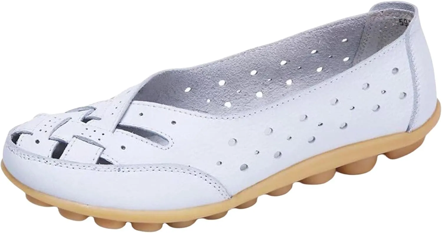 Womens Orthopedic Loafers in Breathable Leather,Casual Leather Slip on Summer Shoes for Women,Comfortable Hollow Soft Flats Sandals Leather,Summer Leather Cutout Loafers