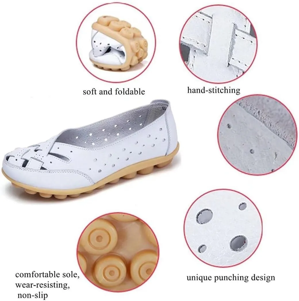 Womens Orthopedic Loafers in Breathable Leather,Casual Leather Slip on Summer Shoes for Women,Comfortable Hollow Soft Flats Sandals Leather,Summer Leather Cutout Loafers