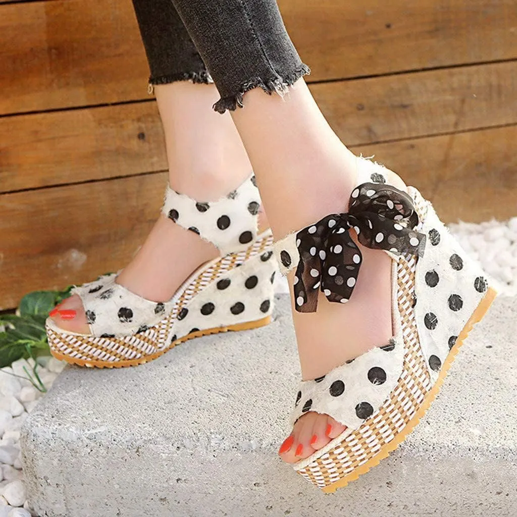 Women's Platform Wedge Sandals, XHLEMON Espadrilles Platform Wedges Heel Sandals Elegant Floral Bow Tie Ankle Strap Shoes