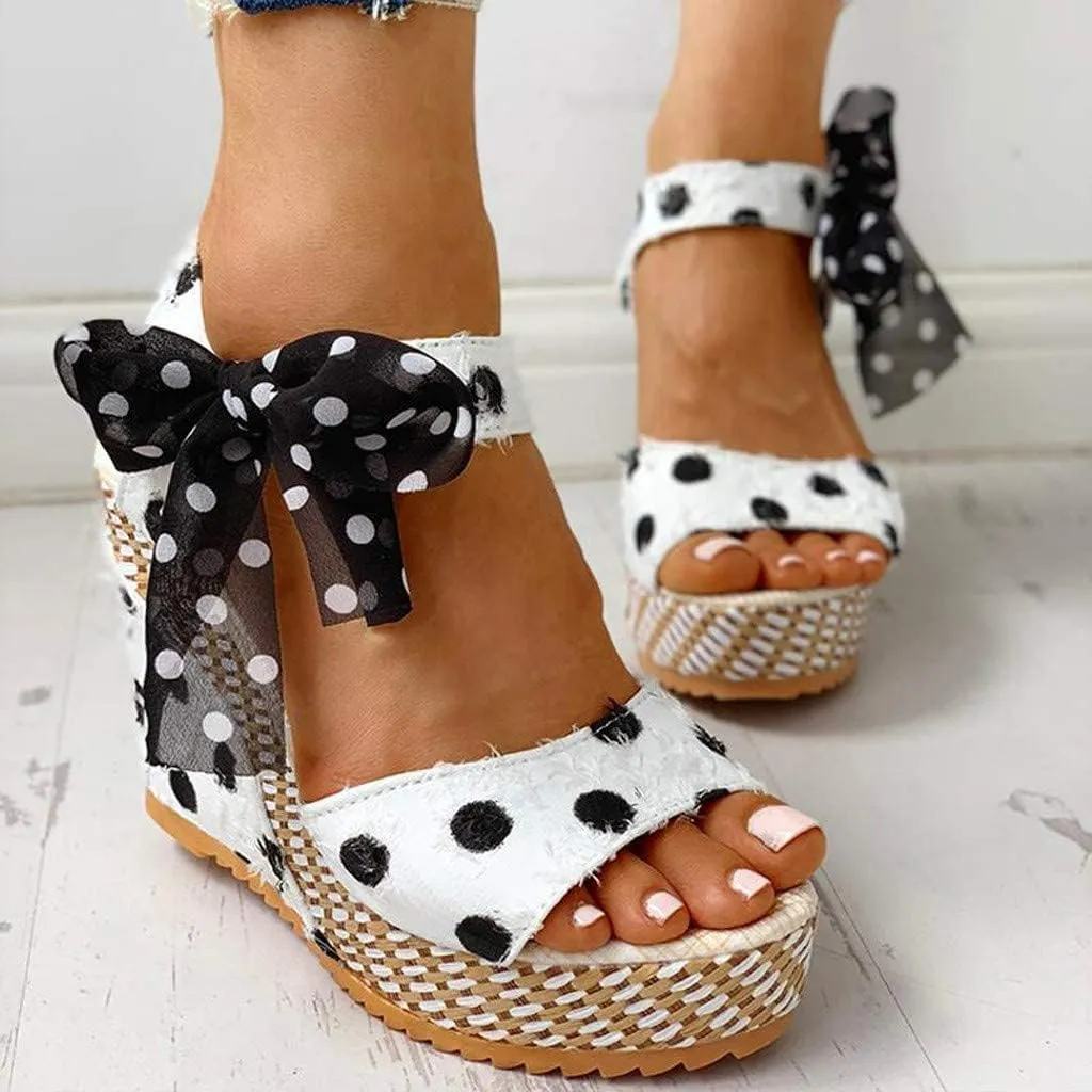 Women's Platform Wedge Sandals, XHLEMON Espadrilles Platform Wedges Heel Sandals Elegant Floral Bow Tie Ankle Strap Shoes