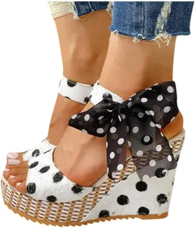 Women's Platform Wedge Sandals, XHLEMON Espadrilles Platform Wedges Heel Sandals Elegant Floral Bow Tie Ankle Strap Shoes