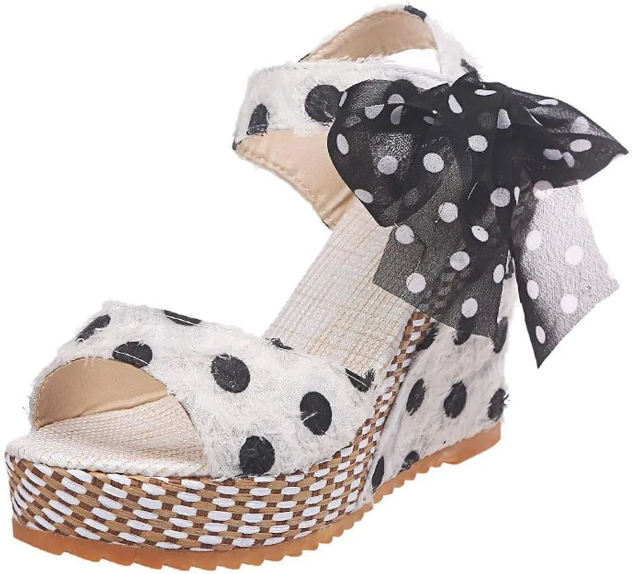 Women's Platform Wedge Sandals, XHLEMON Espadrilles Platform Wedges Heel Sandals Elegant Floral Bow Tie Ankle Strap Shoes