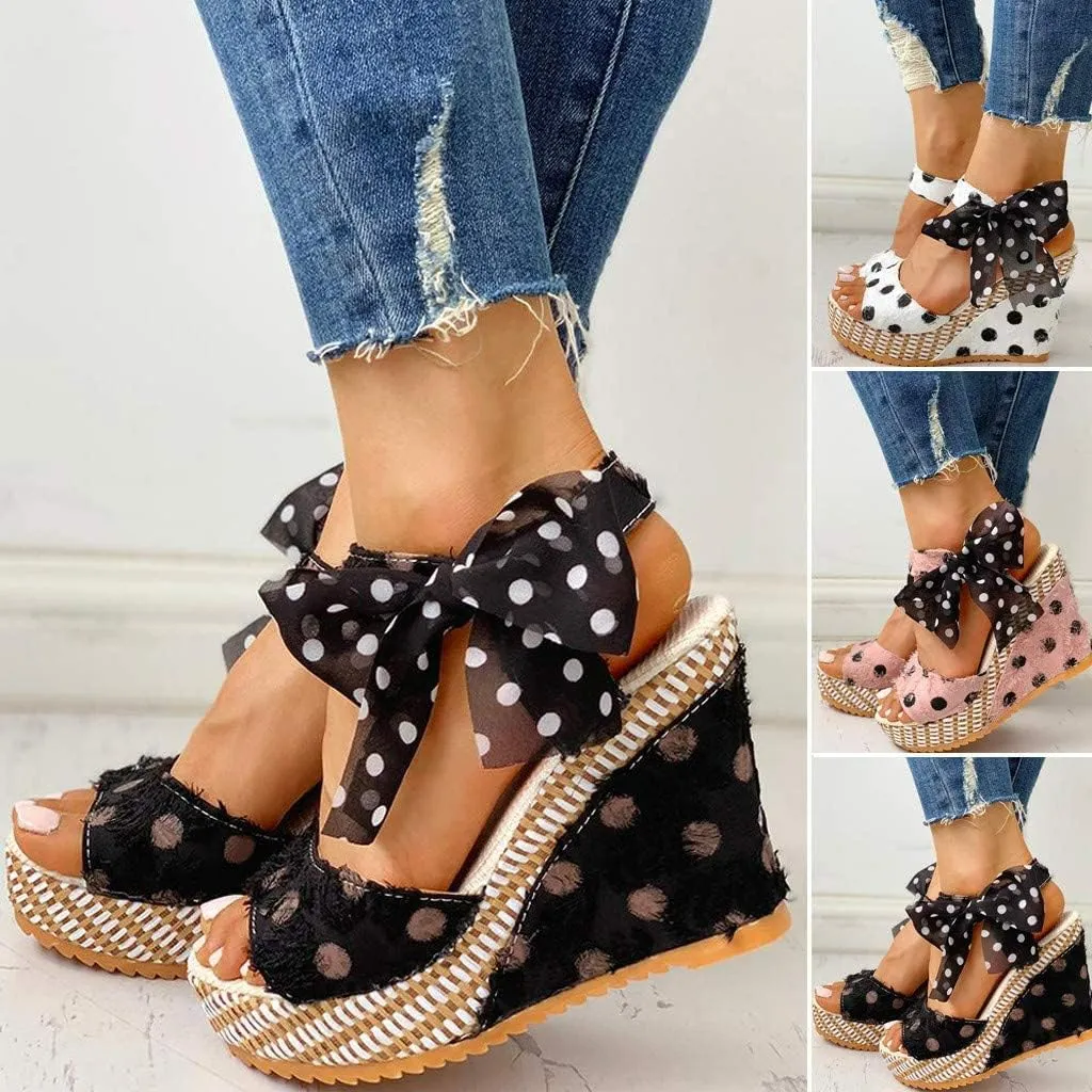 Women's Platform Wedge Sandals, XHLEMON Espadrilles Platform Wedges Heel Sandals Elegant Floral Bow Tie Ankle Strap Shoes