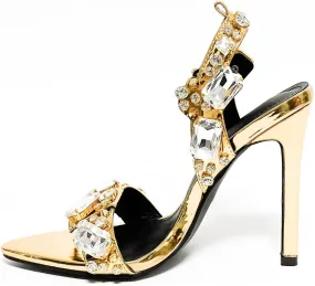 Womens Rhinestone Jewel Strappy Stiletto Heels Open Toe Sexy High Heeled Sandals Gold Heels for Women