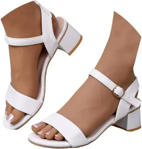 Women's Strappy Chunky Block Heels Sandals Solid Color Open Toe Single Bond Adjustable Ankle Strap Shoes Summer Fashion Casual Lightweight Breathable Comfortable Slip On Slides
