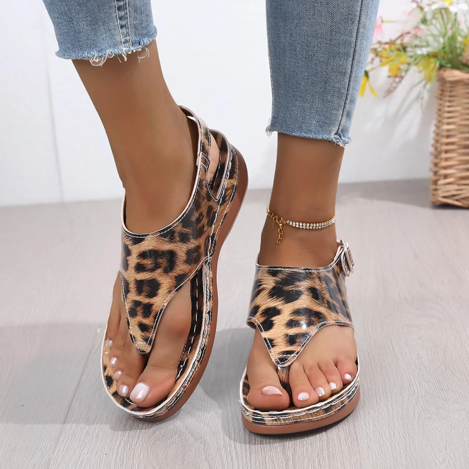 Women's Summer Fashion Sandals Thick Sole Leopard Print Sandals Party Dress Wedge Slip on Sandals for Women Size 9