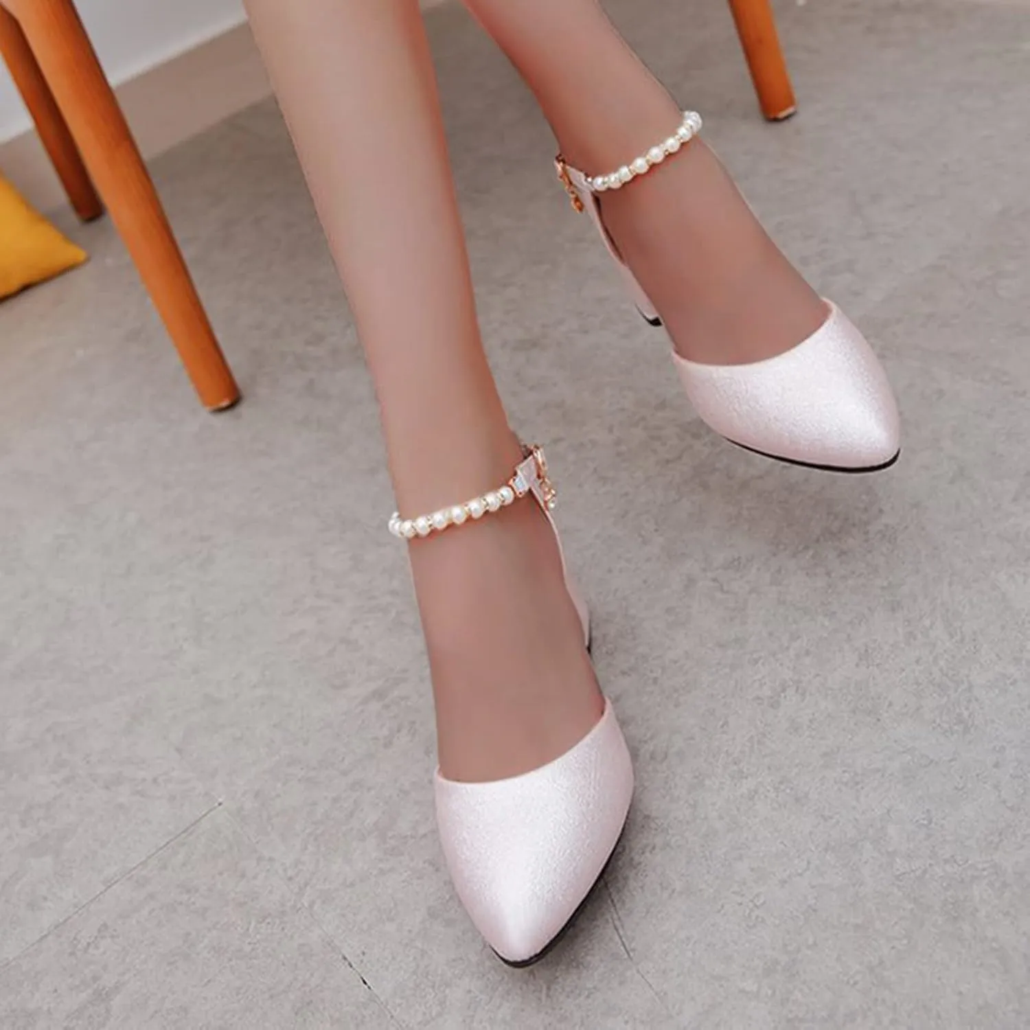 ZSpzx Chunky Heels for Women Pointed Closed Toe Rearls Rhinestones Sparkly Adjustable Strap Block Sandals Ladies Summer Comfortable Backless Orthopedic Dress Shoes for Party Prom Wedding Bridal
