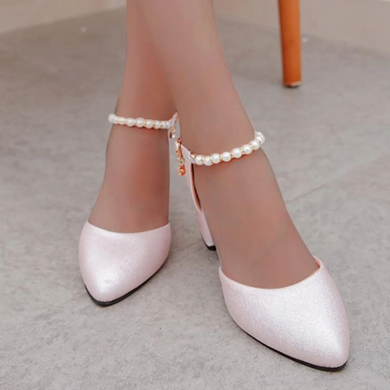 ZSpzx Chunky Heels for Women Pointed Closed Toe Rearls Rhinestones Sparkly Adjustable Strap Block Sandals Ladies Summer Comfortable Backless Orthopedic Dress Shoes for Party Prom Wedding Bridal