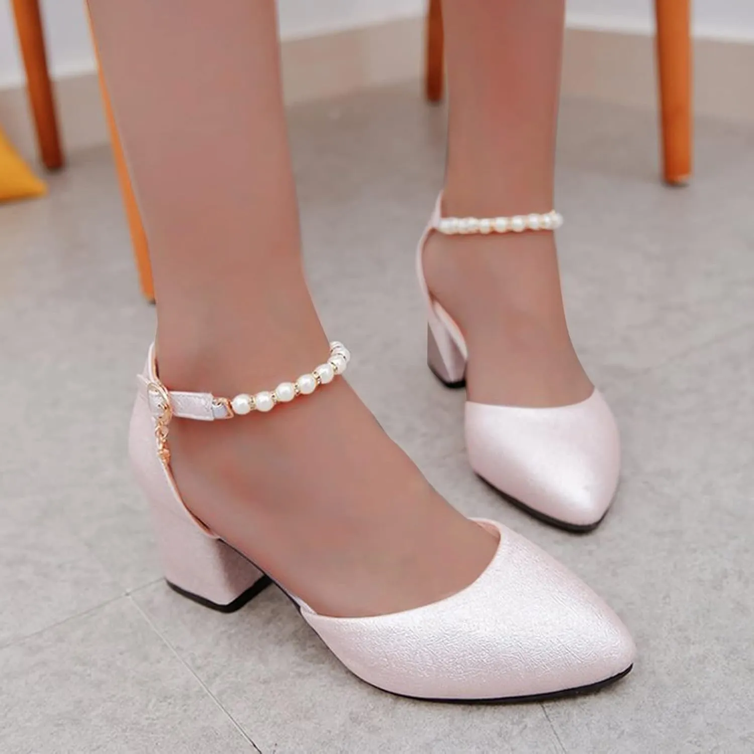 ZSpzx Chunky Heels for Women Pointed Closed Toe Rearls Rhinestones Sparkly Adjustable Strap Block Sandals Ladies Summer Comfortable Backless Orthopedic Dress Shoes for Party Prom Wedding Bridal