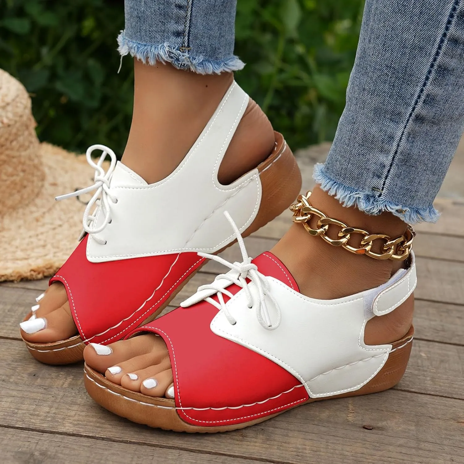 ZSpzx Wedge Sandals For Women 2025,Comfortable Dressy Summer Orthopedic Low Heel Comfortable Lace Up Slides Retro Soft Soled Walking Arch support Casual Non Slip-on Shoes for Daily Wear